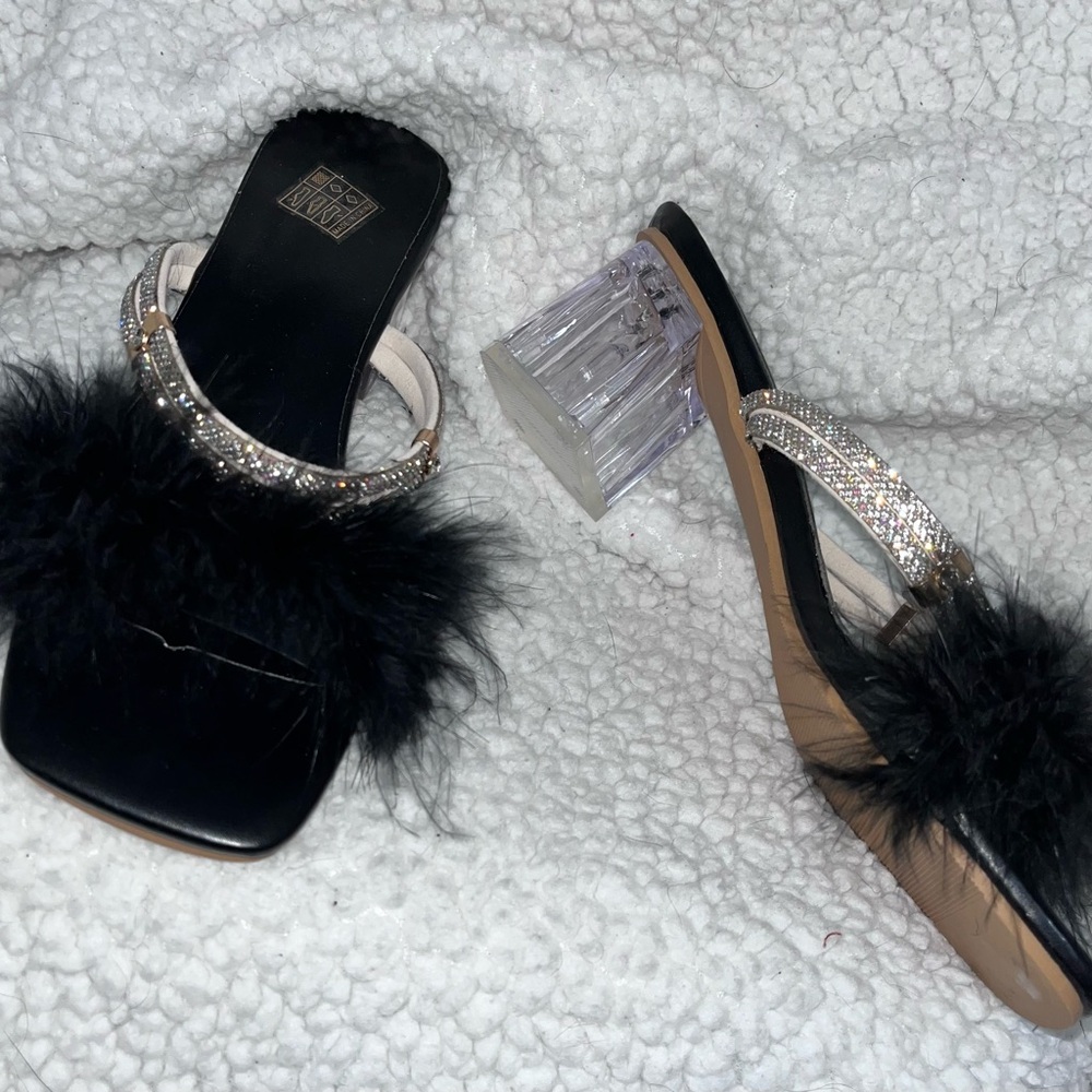 Black Heels with Fur and Crystal Accents